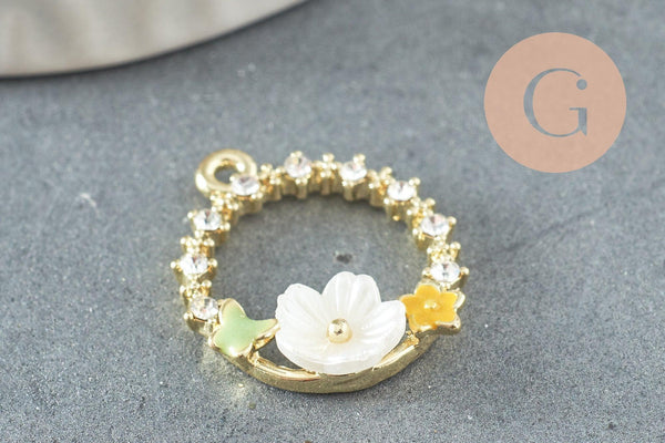 Pendentif rond fleurs zamac doré, un pendentif doré féminin et fleuri 22-23mm, x5 (G3265)