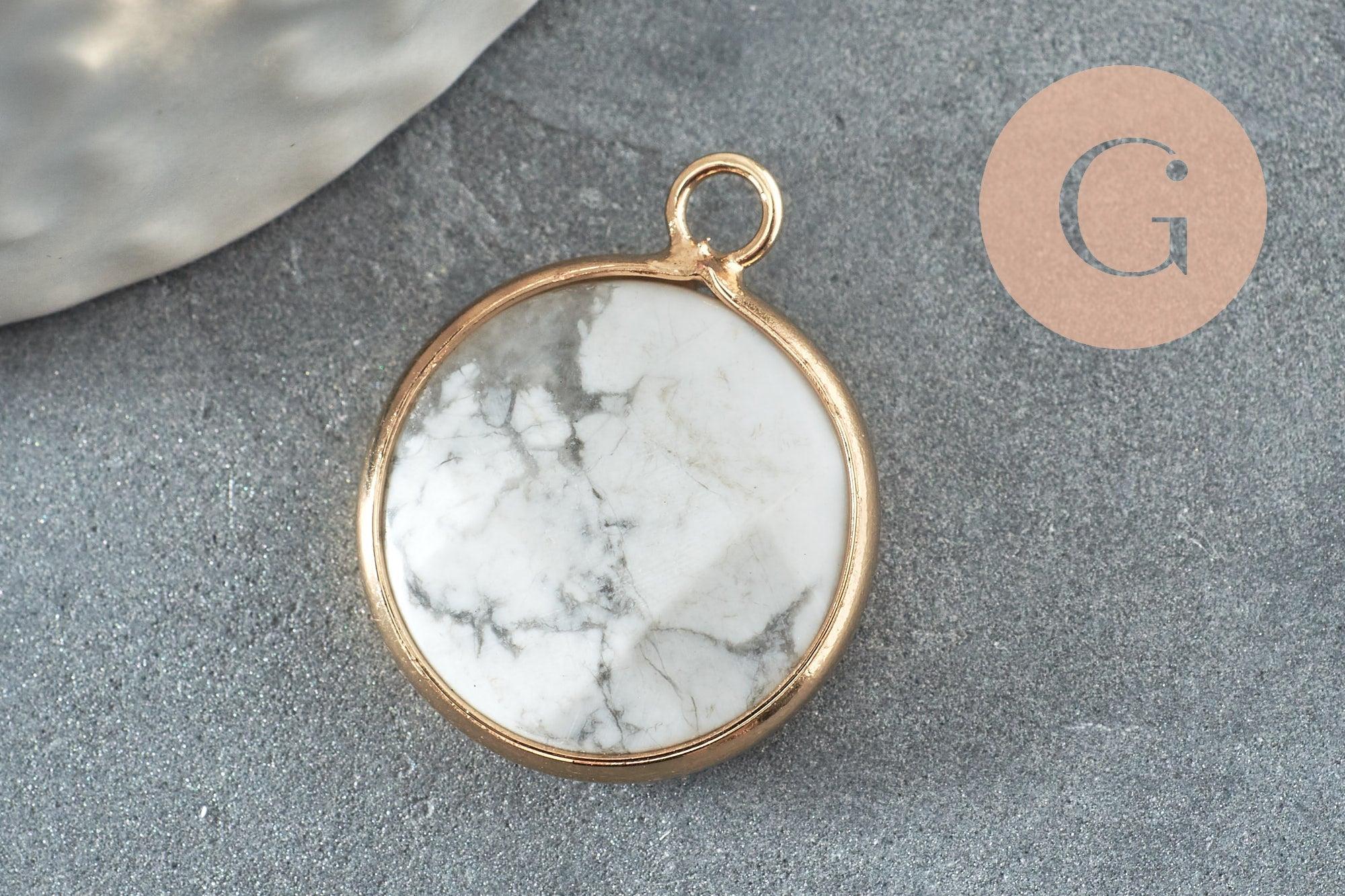 Pendentif rond howlite blanche naturelle laiton doré 20mm, x1 (G0679)