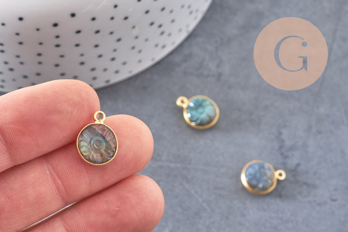 Pendentif rond labradorite naturelle sculptée argent 925 doré 18K 13mm, x1 (G10842)