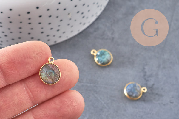 Pendentif rond labradorite naturelle sculptée argent 925 doré 18K 13mm, x1 (G10842)