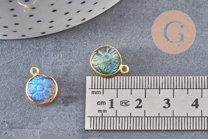 Pendentif rond labradorite naturelle sculptée argent 925 doré 18K 13mm, x1 (G10842)
