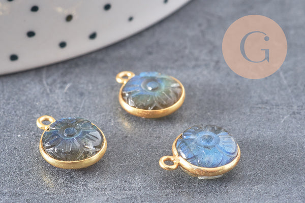 Pendentif rond labradorite naturelle sculptée argent 925 doré 18K 13mm, x1 (G10842)