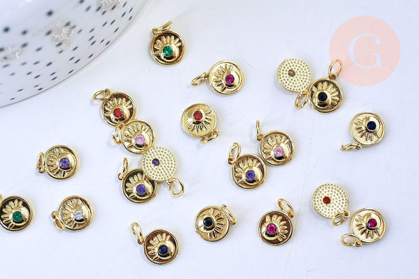 Pendentif rond laiton doré 18K émail oeil protecteur 10.7mm,x1 (G5648)