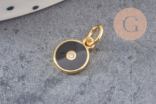 Pendentif rond laiton doré 18K émaillé et zircon 10mm, x1 (G3474)
