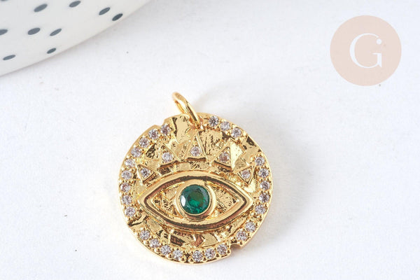 Pendentif rond laiton doré oeil protecteur zircons blanc et vert 18mm, x1 G7373