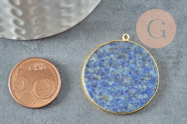 Pendentif rond lapis lazulis naturel laiton doré 32-34mm, x1 (G3642)