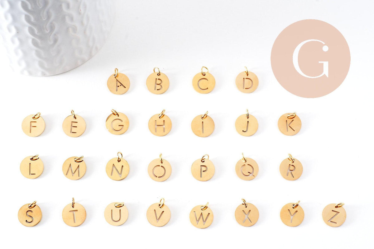 Pendentif rond lettre initiale acier doré sans nickel 12mm, x1 (G4786)