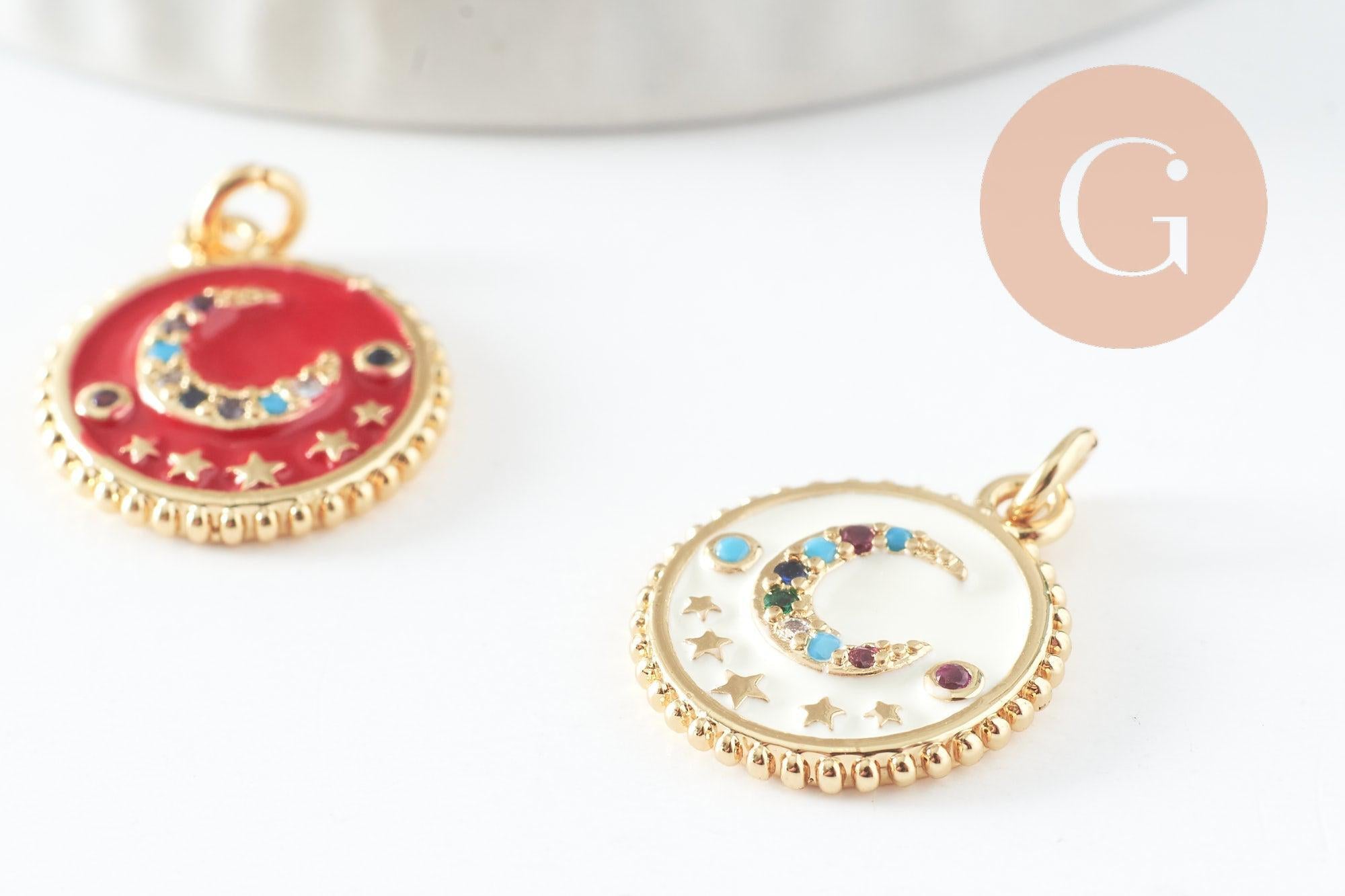 Pendentif lune émail zircon coloré laiton doré 18K 16.5mm, x1 (G3376)