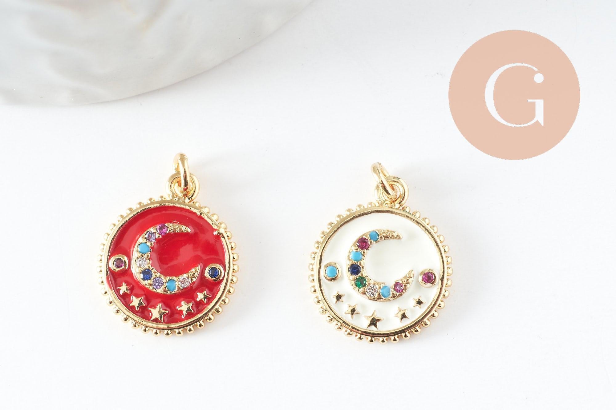 Pendentif lune émail zircon coloré laiton doré 18K 16.5mm, x1 (G3376)