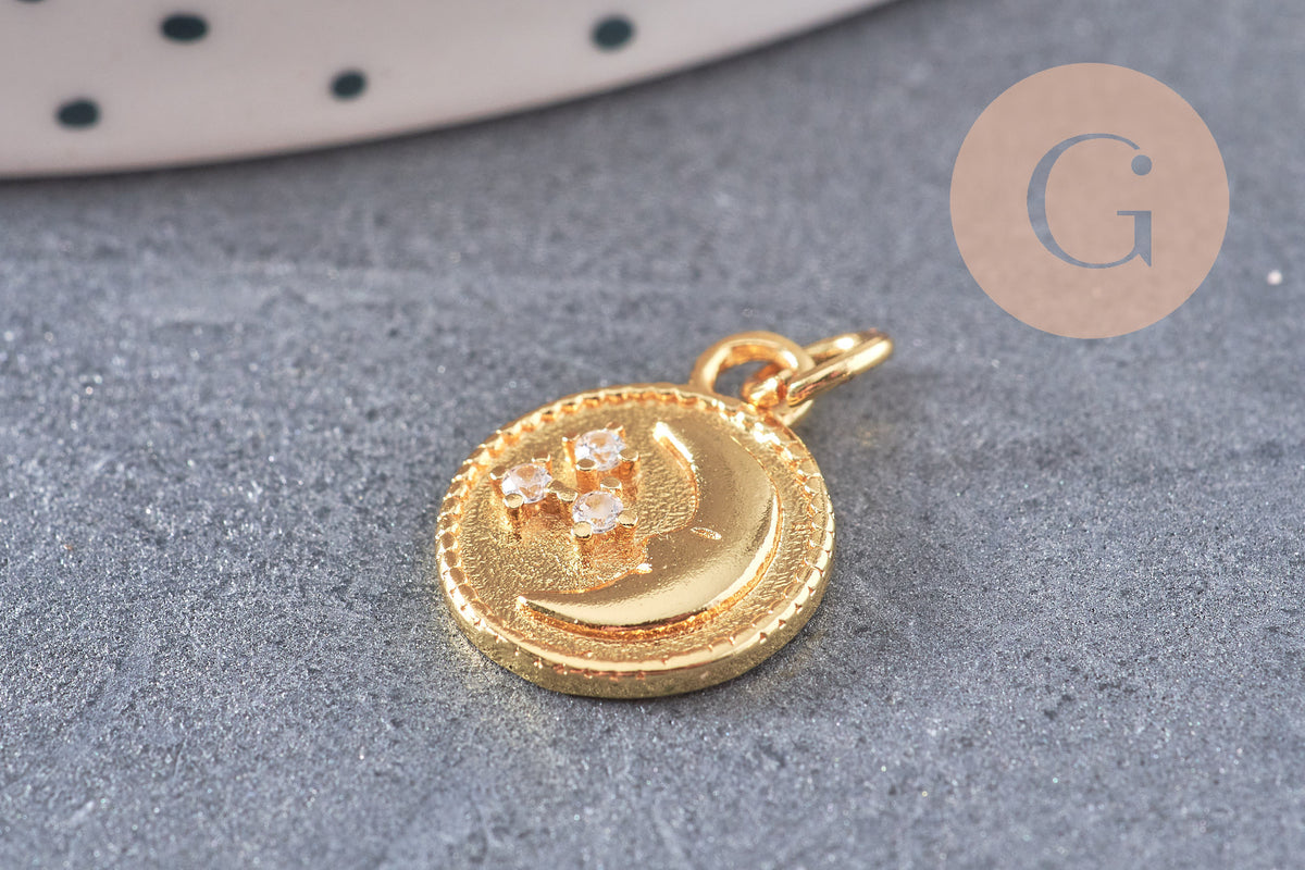 Pendentif rond lune étoiles laiton doré 16K étoile zircon 15.3mm, x1 (G5998)
