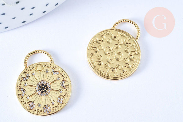 Pendentif rond lune étoiles laiton doré 18K zircon 27.5mm,pendentif doré avec cristaux pour création bijoux, x1 G6969