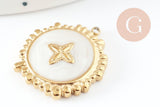Pendentif rond motif fleur 304 inoxydable doré PVD résine blanche 23mm, x1 (G9405)