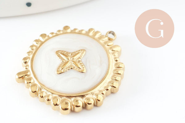 Pendentif rond motif fleur 304 inoxydable doré PVD résine blanche 23mm, x1 (G9405)