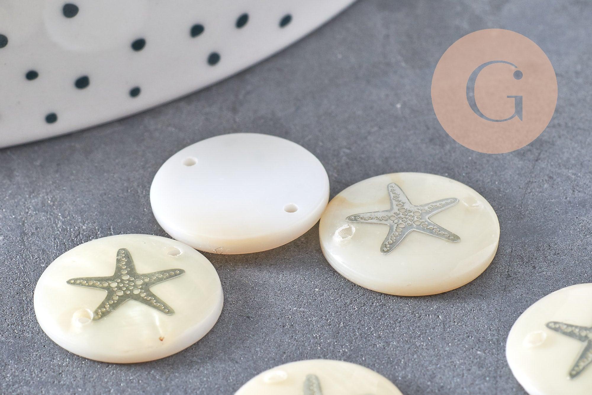 Pendentif rond nacre ancre argenté, pendentif ancre,coquillage blanc,coquillage naturel,création bijoux,16mm,2 trous x10 (G1070)