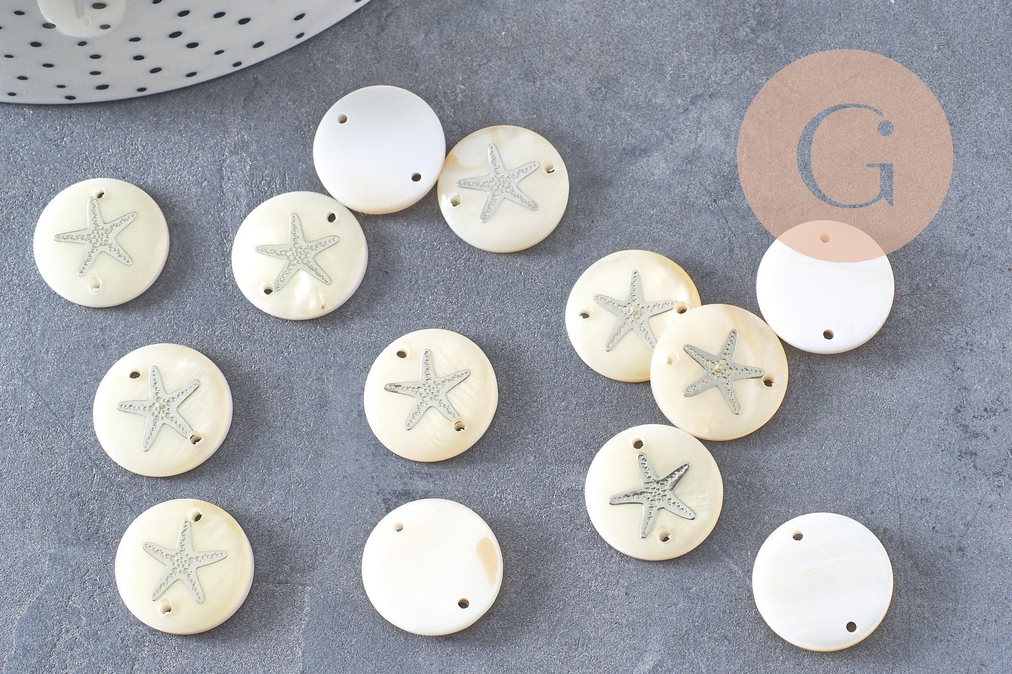 Pendentif rond nacre ancre argenté, pendentif ancre,coquillage blanc,coquillage naturel,création bijoux,16mm,2 trous x10 (G1070)