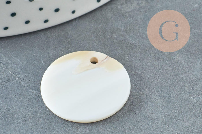Pendentif rond nacre blanche naturelle 25mm, pendentif coquillage blanc naturel, x10 (G2175)