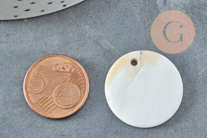 Pendentif rond nacre blanche naturelle 25mm, pendentif coquillage blanc naturel, x10 (G2175)