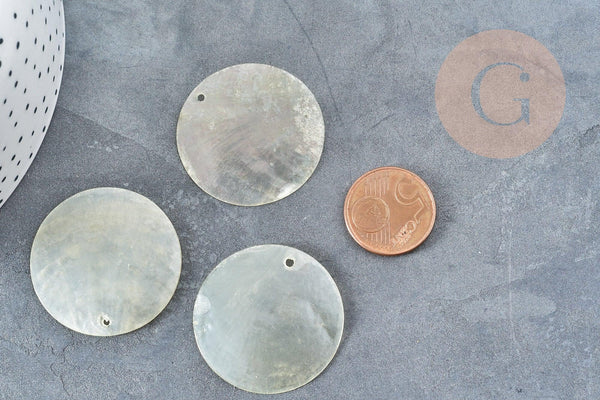 Pendentif rond nacre naturelle blanche 35mm, x5 (G8277)