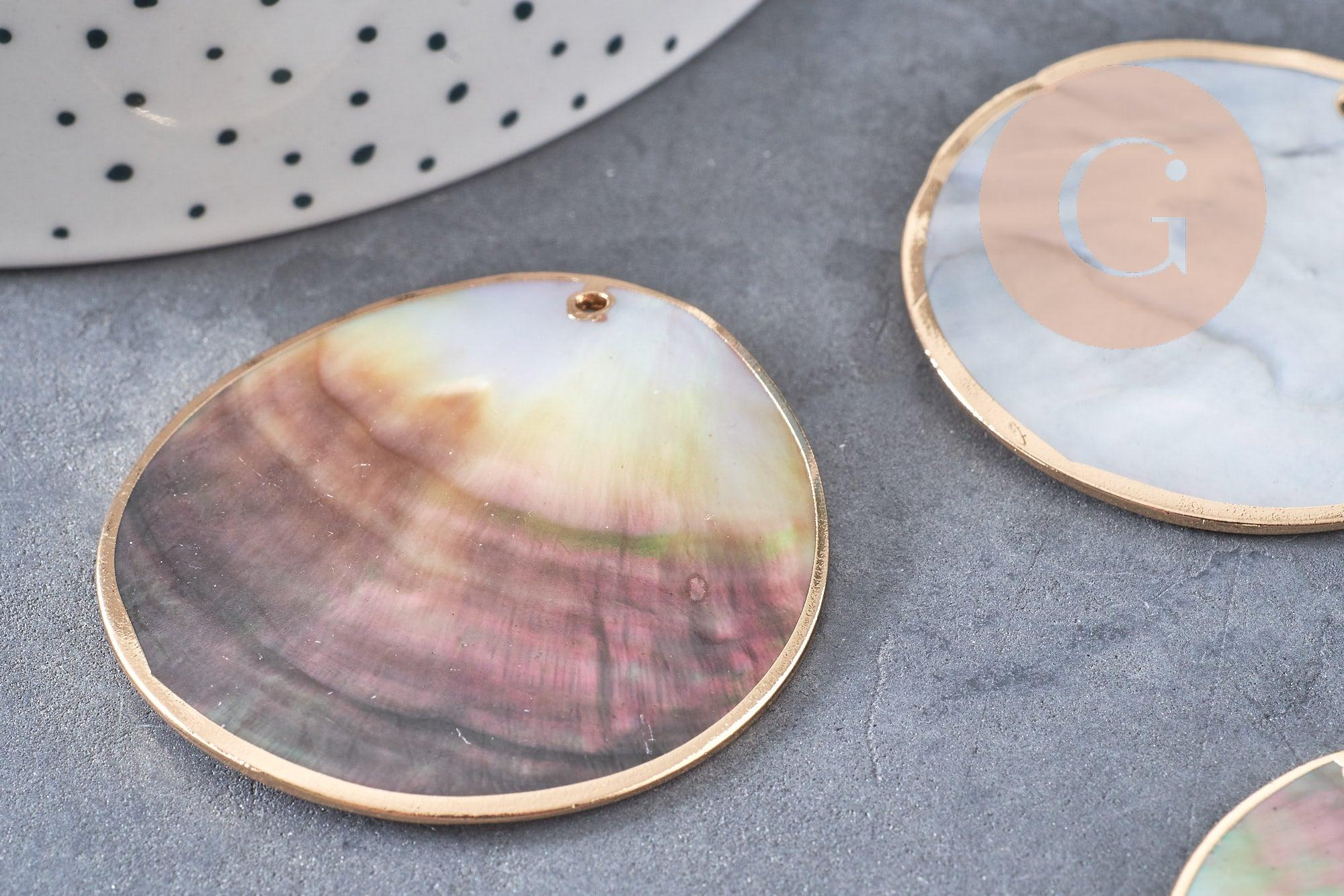 Pendentif rond nacre noire doré, pendentif coquillage, coquillage noir, coquillage naturel,45mm, x1 (G5413)