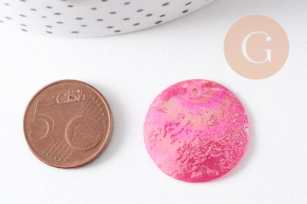 Pendentif rond nacre rose fuchsia irisé 25mm, x10 (G3975)
