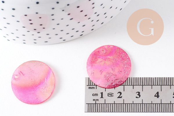 Pendentif rond nacre rose fuchsia irisé 25mm, x10 (G3975)
