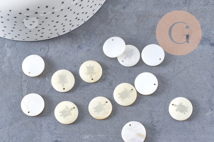 Pendentif rond nacre tortue, pendentif tortue,coquillage blanc naturel,16mm,1 trou x10 (G1068)