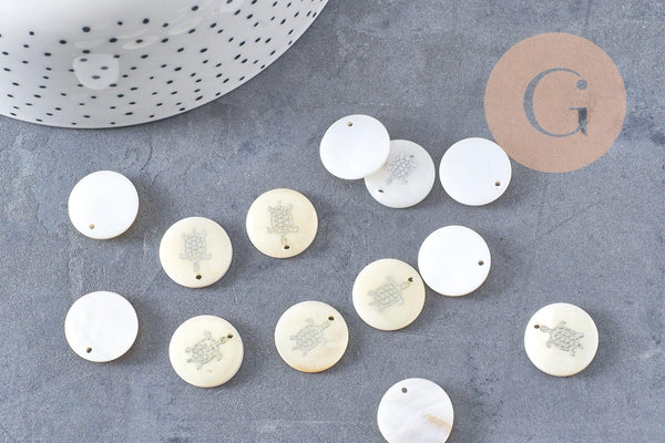 Pendentif rond nacre tortue, pendentif tortue,coquillage blanc naturel,16mm,1 trou x10 (G1068)