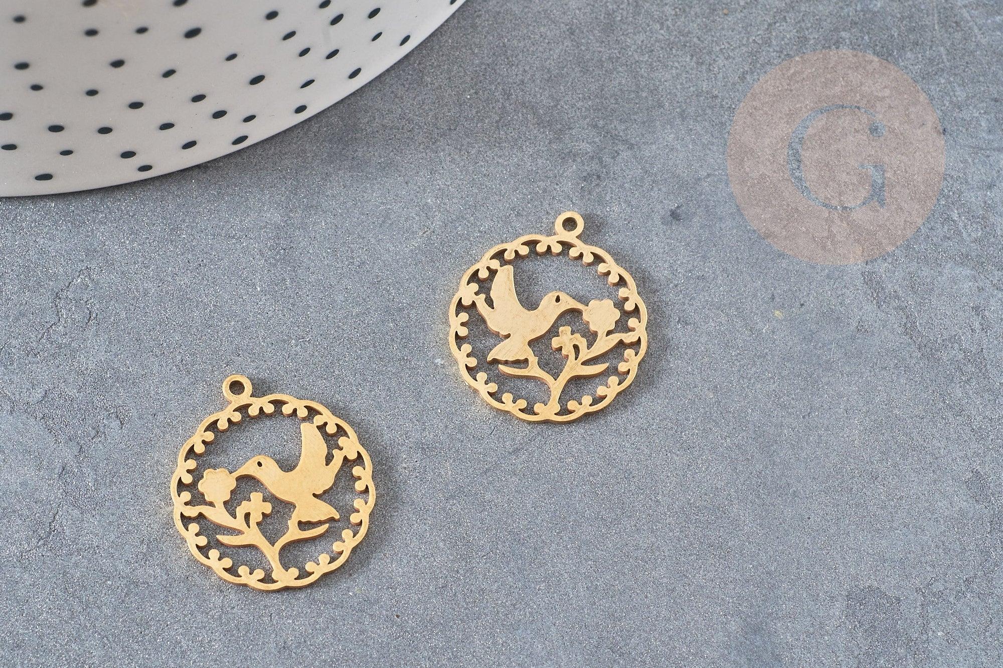 Pendentif rond oiseau colibri acier 201 inoxydable doré 22.5mm, x1 (G4836)