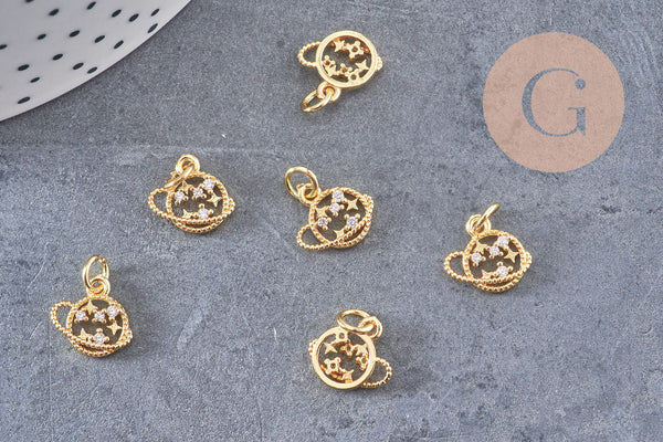 Pendentif rond planète et étoiles laiton doré 18K zircon, un pendentif doré avec cristaux pour création bijoux,10.5mm, x1 G5517