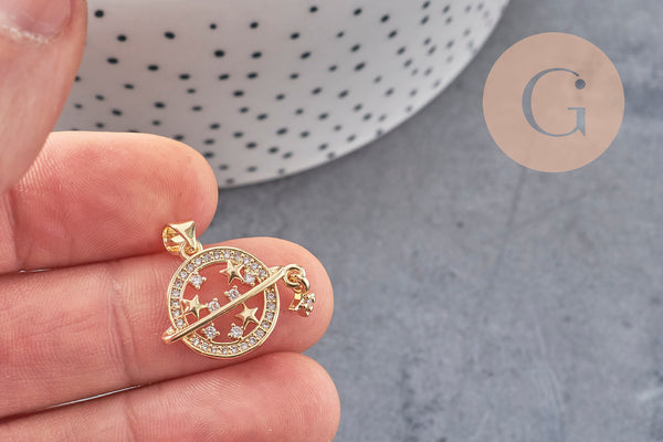 Pendentif rond planète étoiles laiton doré 18K zircons 21mm,pendentif doré création bijoux, x1 (G7388)