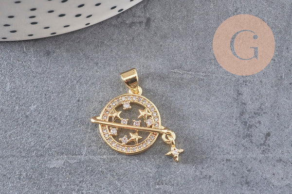 Pendentif rond planète étoiles laiton doré 18K zircons 21mm,pendentif doré création bijoux, x1 (G7388)