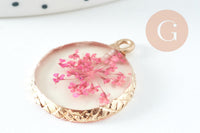 Pendentif rond résine fleurs séchées violettes 24mm, pendentif fleur de rose et or, création de bijoux originaux, x1 G5740