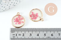 Pendentif rond résine fleurs séchées violettes 24mm, pendentif fleur de rose et or, création de bijoux originaux, x1 G5740