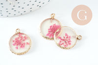 Pendentif rond résine fleurs séchées violettes 24mm, pendentif fleur de rose et or, création de bijoux originaux, x1 G5740