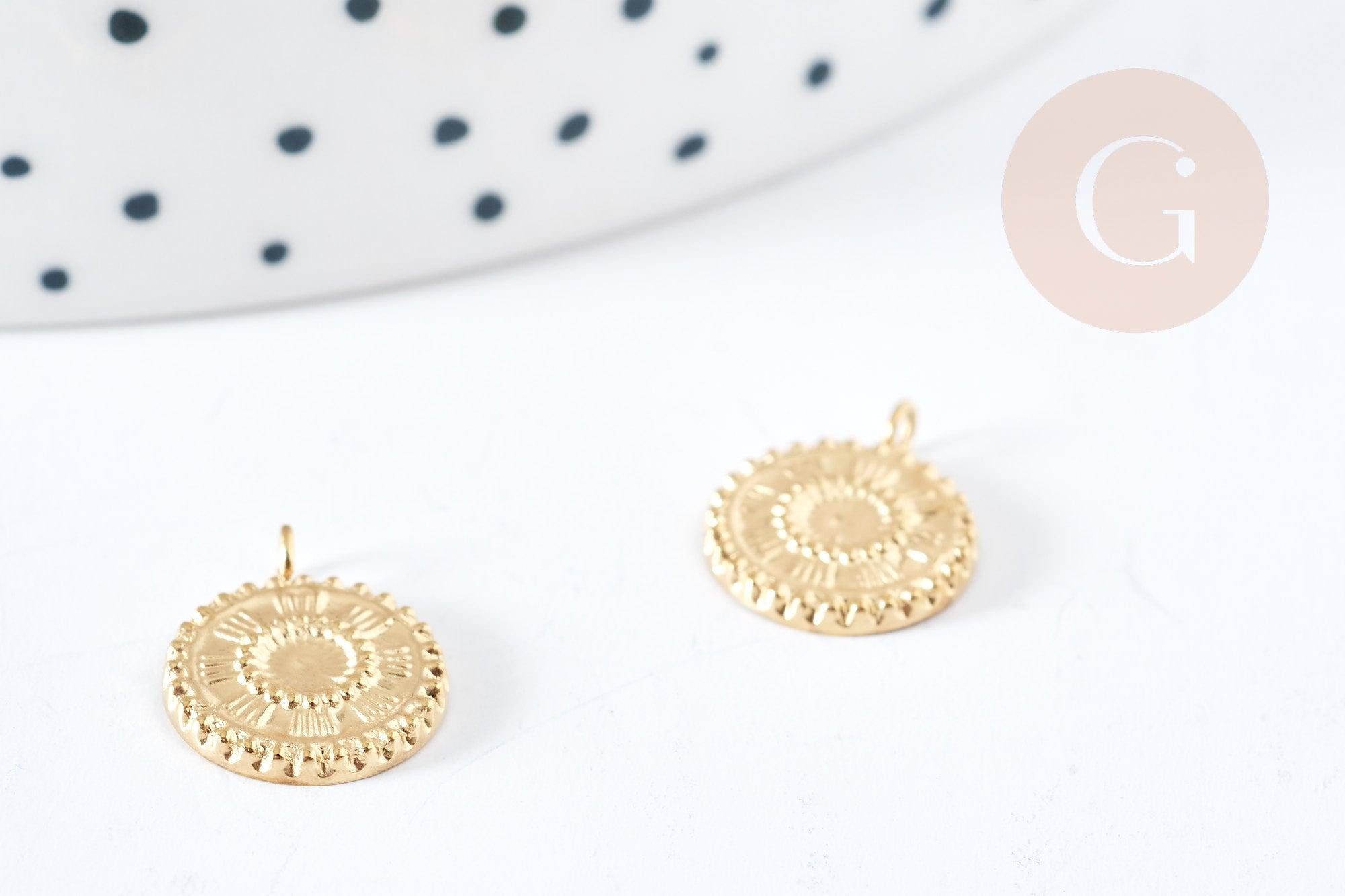 Pendentif rond soleil acier inoxydable 304 doré 14K IP 12.5mm, pendentif bijoux mystique chance, x1 G8774