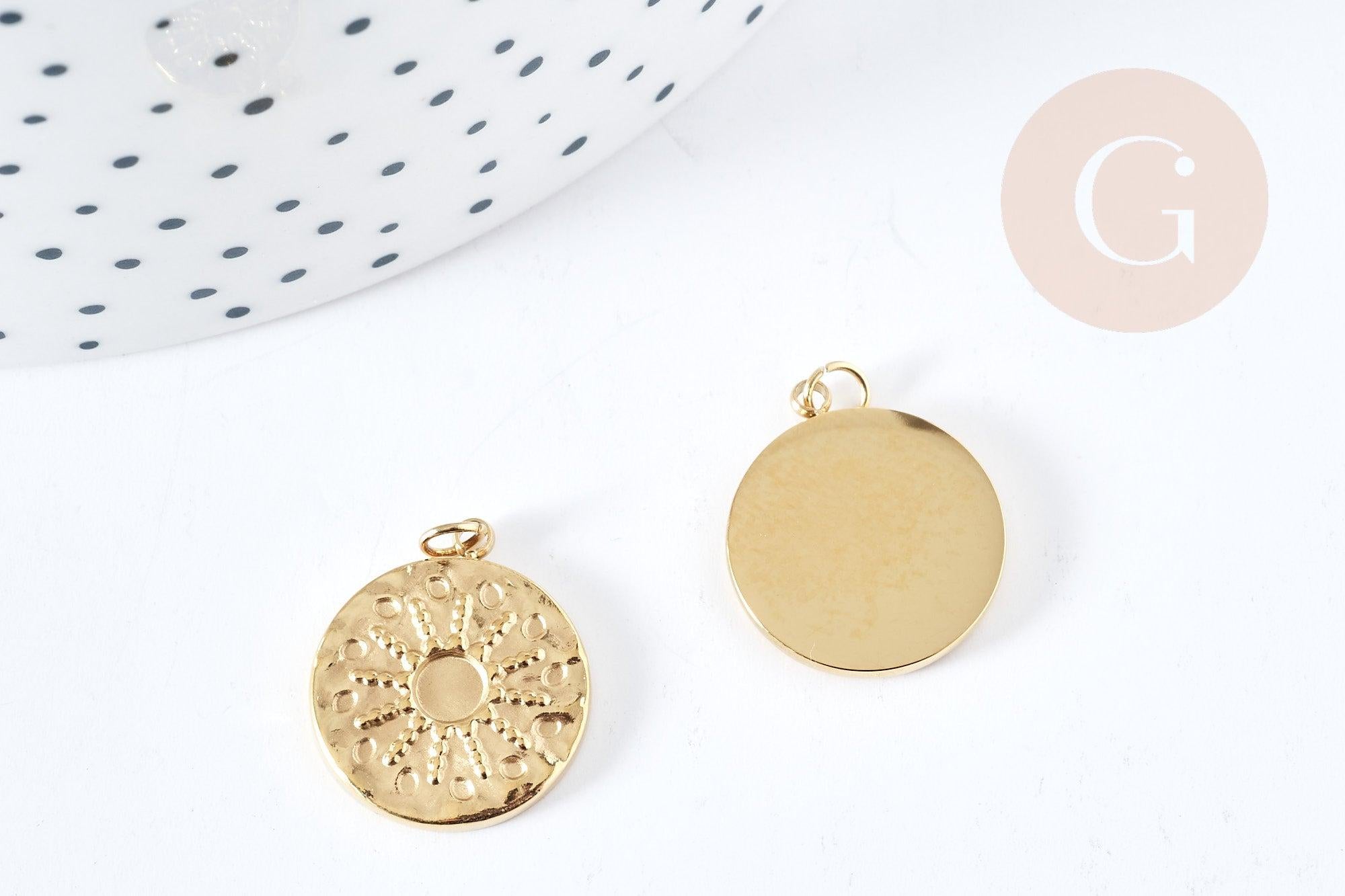 Pendentif rond soleil acier inoxydable 304 doré 14K IP 18.5mm, x1 (G8772)