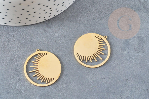 Pendentif rond soleil acier inoxydable doré 32mm, x1 (G6161)