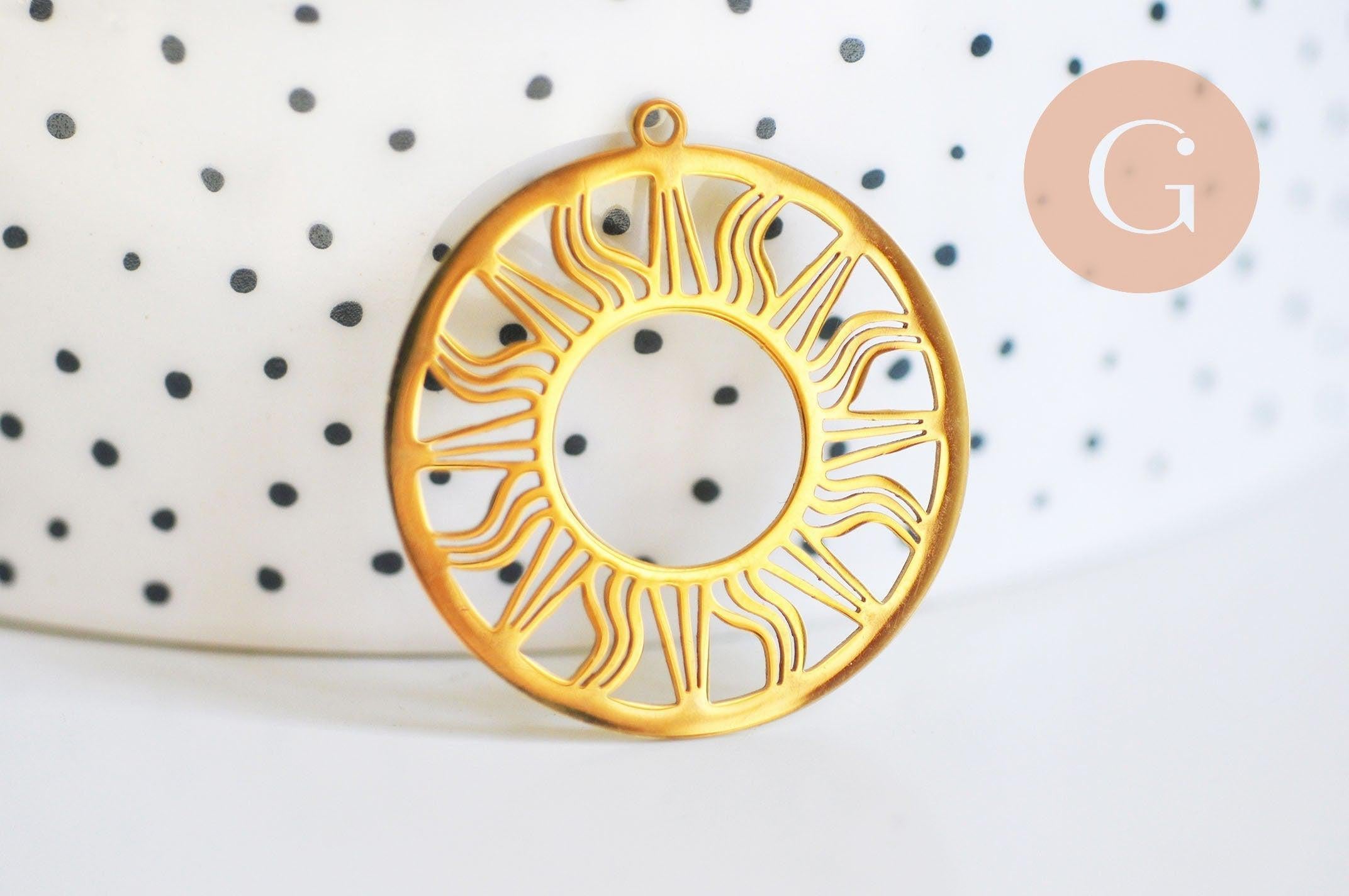 Pendentif rond soleil filigrane acier 201 inoxydable doré 33mm, pendentif sans nickel, x1 G6307