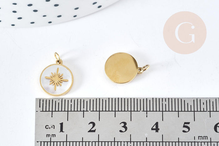 Pendentif rond soleil nacre acier inoxydable 316L doré 12.5mm, x1 (G8773)