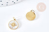 Pendentif rond soleil nacre naturelle acier inoxydable 316 doré 12.5mm, x1 (G8773)