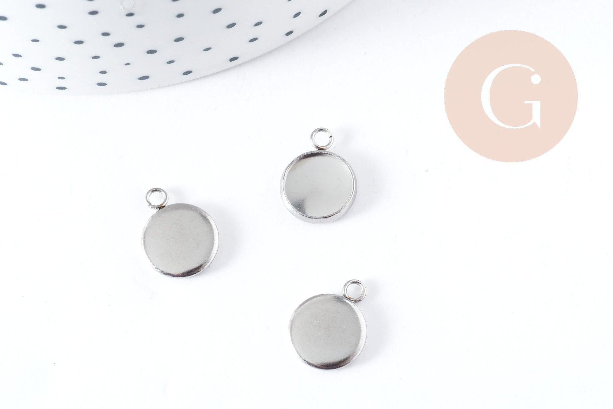 Pendentif rond support cabochon acier 304 inoxydable platine 15mm, x10 (G8940)