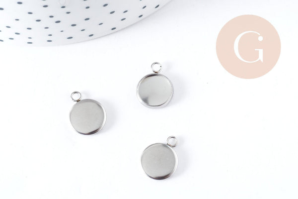 Pendentif rond support cabochon acier 304 inoxydable platine 15mm, x10 (G8940)