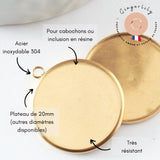 Pendentif rond support cabochon acier 304 inoxydable doré IP 20mm, x1 (G4097)