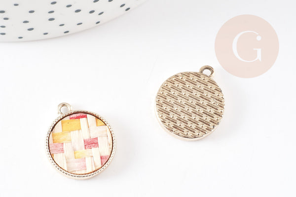 Pendentif rond textile tissé multicolore et support doré, un pendentif pour création de bijoux coloré, x2 G5675