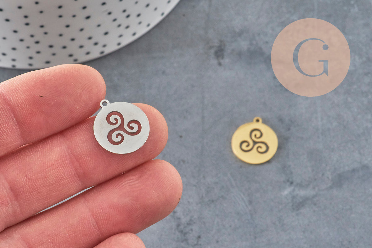 Pendentif rond triskel acier 201 inoxydable platine 17.5mm, x1 VALIDE-Breloques et pendentifs-Gingerlily Perles