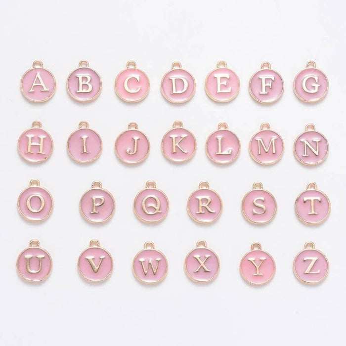 Pendentif rond zamac doré initiale émail rose clair 14mm, x1 (G2933)
