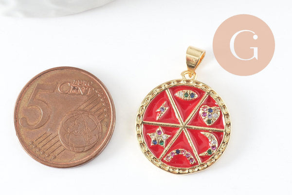 Pendentif rondzodiaque émail laiton doré 22.5mm, x1 (G5334)