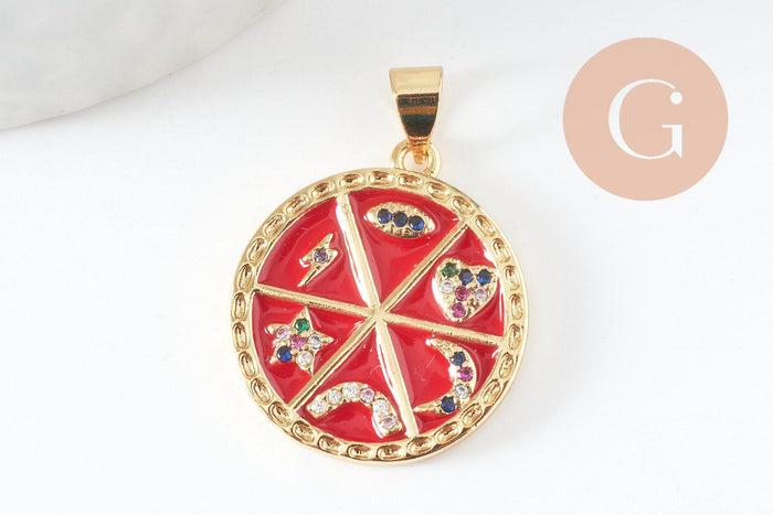 Pendentif rondzodiaque émail laiton doré 22.5mm, x1 (G5334)