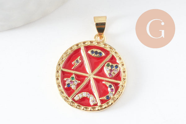 Pendentif rondzodiaque émail laiton doré 22.5mm, x1 (G5334)