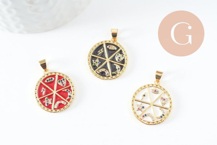 Pendentif rondzodiaque émail laiton doré 22.5mm, x1 (G5334)
